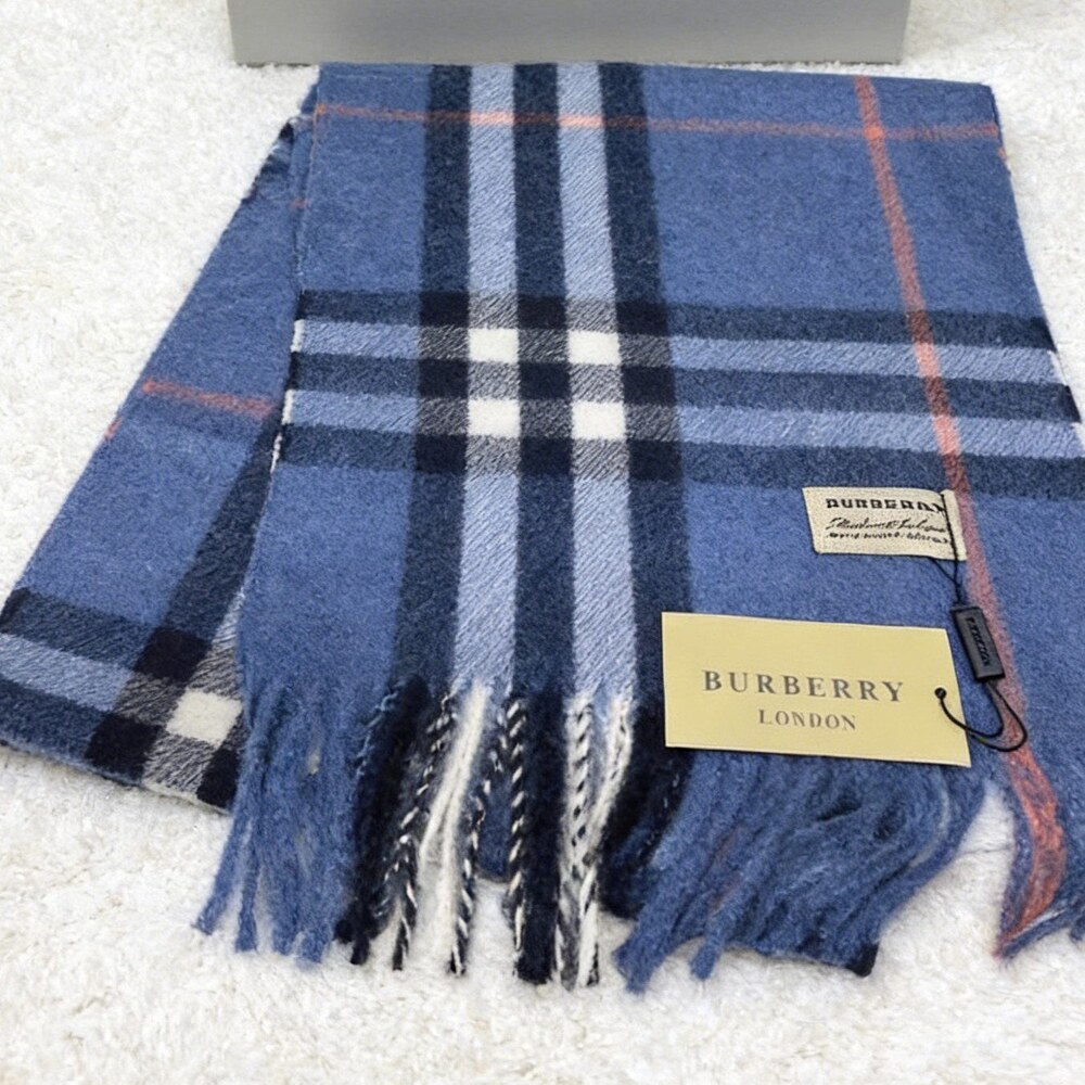 Burberry Blue Navy Check Fringe Scarf - Picture 5 of 6